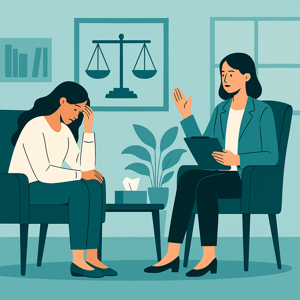 Psikoterapi seansında danışan ve terapist arasında profesyonel iletişim Etik sınırlar ve güven temalı terapi ortamı Terapist ve danışanın güvenli terapi ilişkisini temsil eden sahne Psikoterapide etik ilkeleri sembolize eden ofis ortamı Terapötik çerçeve ve profesyonel sınırlar temalı görsel