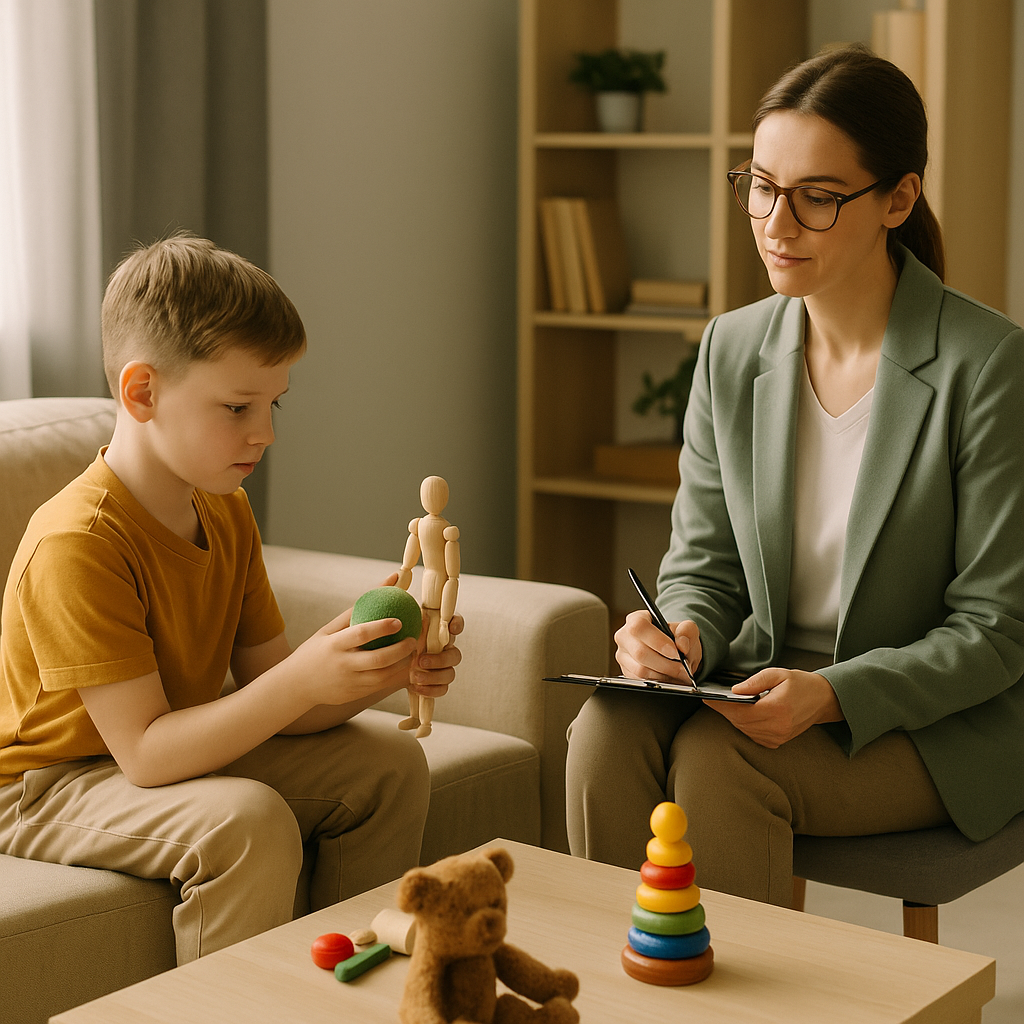 Çocuk psikoloğu, terapi odasında oyuncaklar ve çizimlerle bir çocukla çalışıyor. Duygusal destek, güven ve iletişimi temsil eden bir sahne.
Anahtar kelime: çocuk ve ergen psikolojisi
Net, açıklayıcı ve arama motoru dostu.