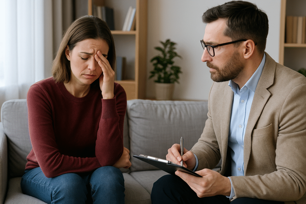 Terapi sırasında konuşan danışan ve terapist, OKB tedavisini temsil eden sahne